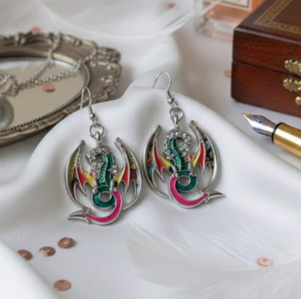 Dragon Dangle Earrings, Enamel Alloy Earrings, 3.3 cm. - Picture 5 of 8